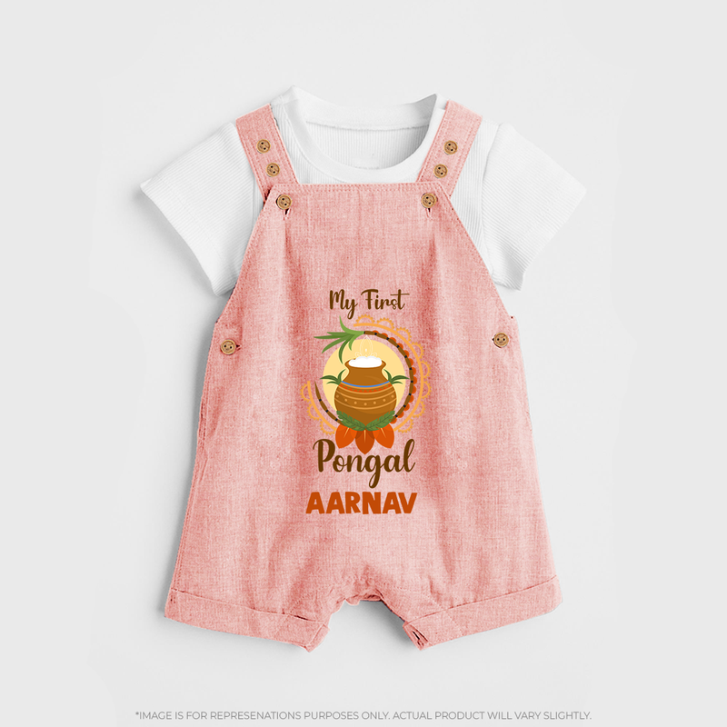 "Cultural Cutie - My First Pongal Dungaree Set For Kids With Name" - PEACH - 0 - 5 Months Old (Chest 18")