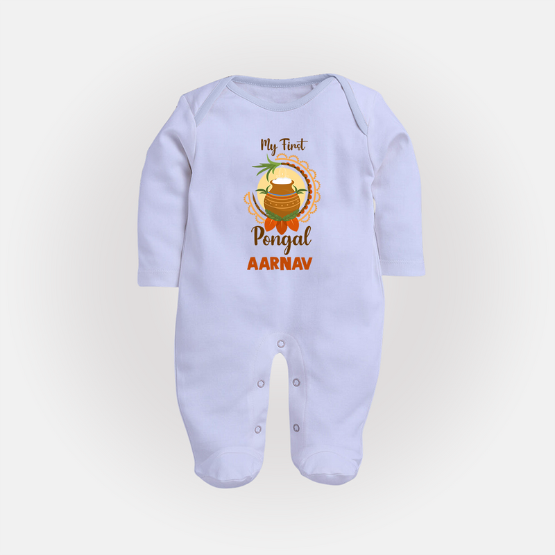 "Cultural Cutie - My First Pongal Sleep Suit For Babies With Name" - BABY BLUE - New Born (Chest 7.5")