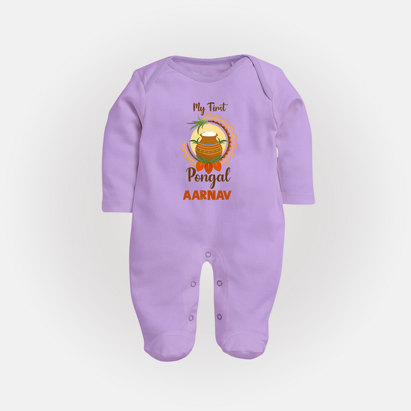 "Cultural Cutie - My First Pongal Sleep Suit For Babies With Name" - LILAC - New Born (Chest 7.5")