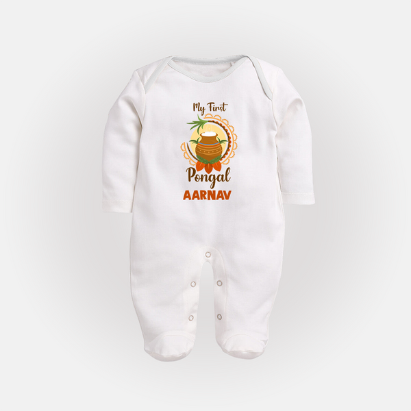 "Cultural Cutie - My First Pongal Sleep Suit For Babies With Name" - WHITE - New Born (Chest 7.5")