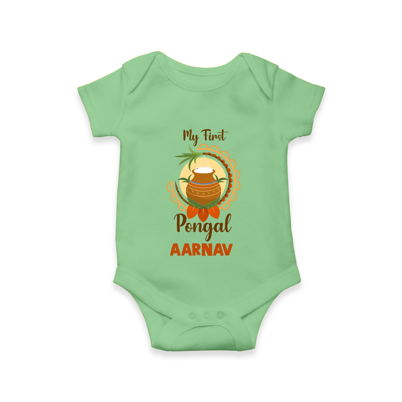 "Cultural Cutie - My First Pongal Romper For Babies With Name" - GREEN - 0-3 Months Old (Chest 16")