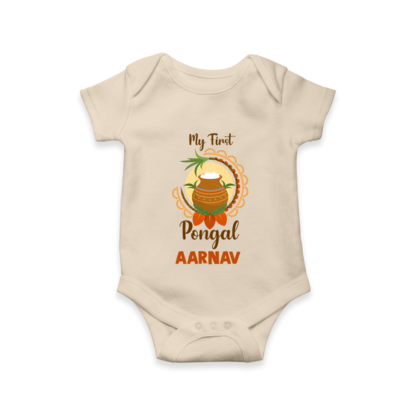 "Cultural Cutie - My First Pongal Romper For Babies With Name" - IVORY - 0-3 Months Old (Chest 16")