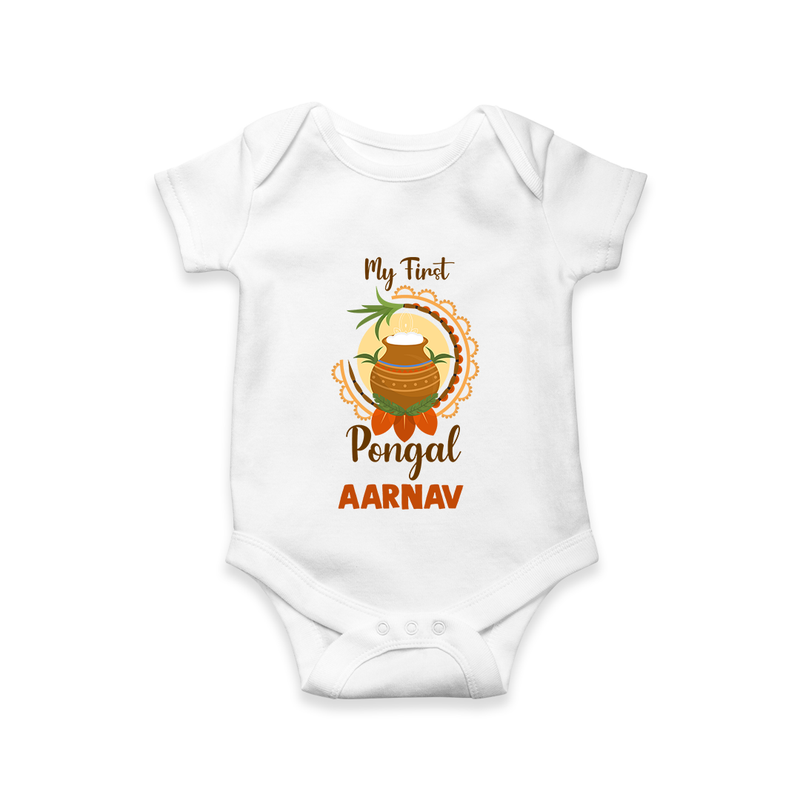 "Cultural Cutie - My First Pongal Romper For Babies With Name" - WHITE - 0-3 Months Old (Chest 16")