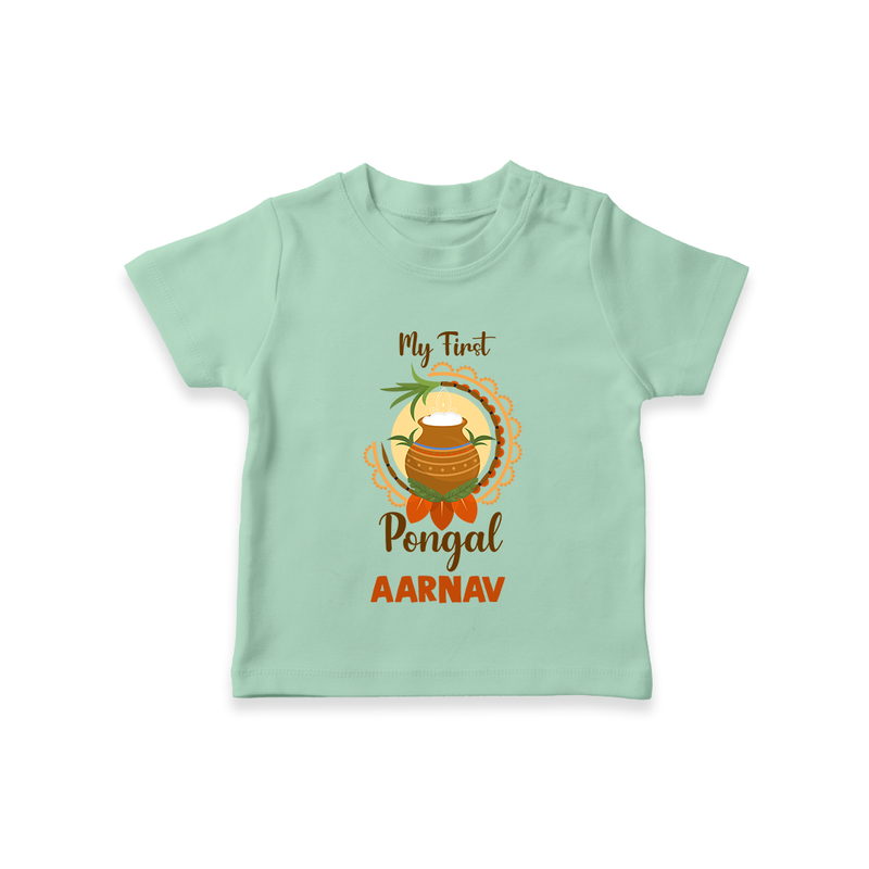 "Cultural Cutie - My First Pongal T-Shirt For Kids With Name" - MINT GREEN - 0-5 Months Old (Chest 17")