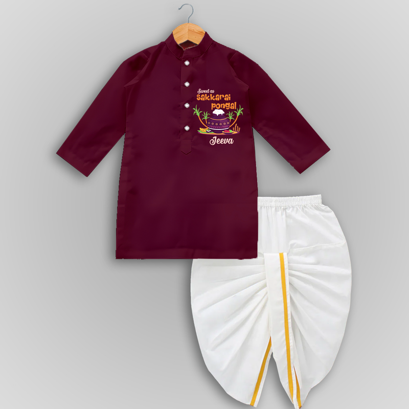 Happy Pongal - Sweet as Sakkarai Pongal  Customized Drapped Dhoti for Kids with Name - MAROON - 0 - 6 Month Old (Chest 24", Kurta Length 14" , Waist 19", Dhoti Length 14")