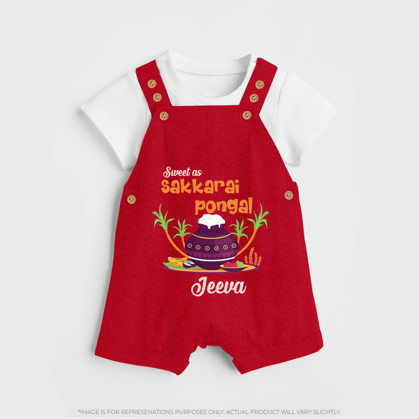 Happy Pongal - Sweet as Sakkarai Pongal  Customized Dungaree Set for Kids with Name - RED - 0 - 5 Months Old (Chest 18")