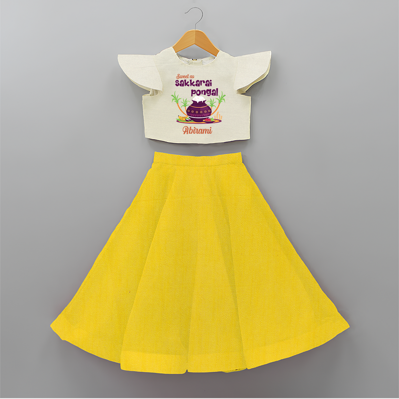 Happy Pongal - Sweet as Sakkarai Pongal  Customized Crop Top And Skirt for Kids with Name - YELLOW - 6 - 9 Months Old (Chest 20" , Frock Waist 20")