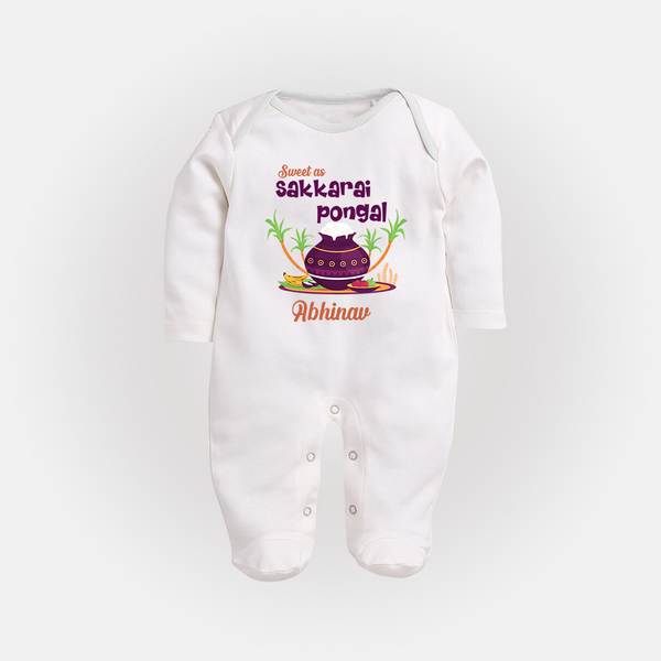 Happy Pongal - Sweet as Sakkarai Pongal  Customized Sleep Suit for Babies with Name - WHITE - New Born (Chest 7.5")