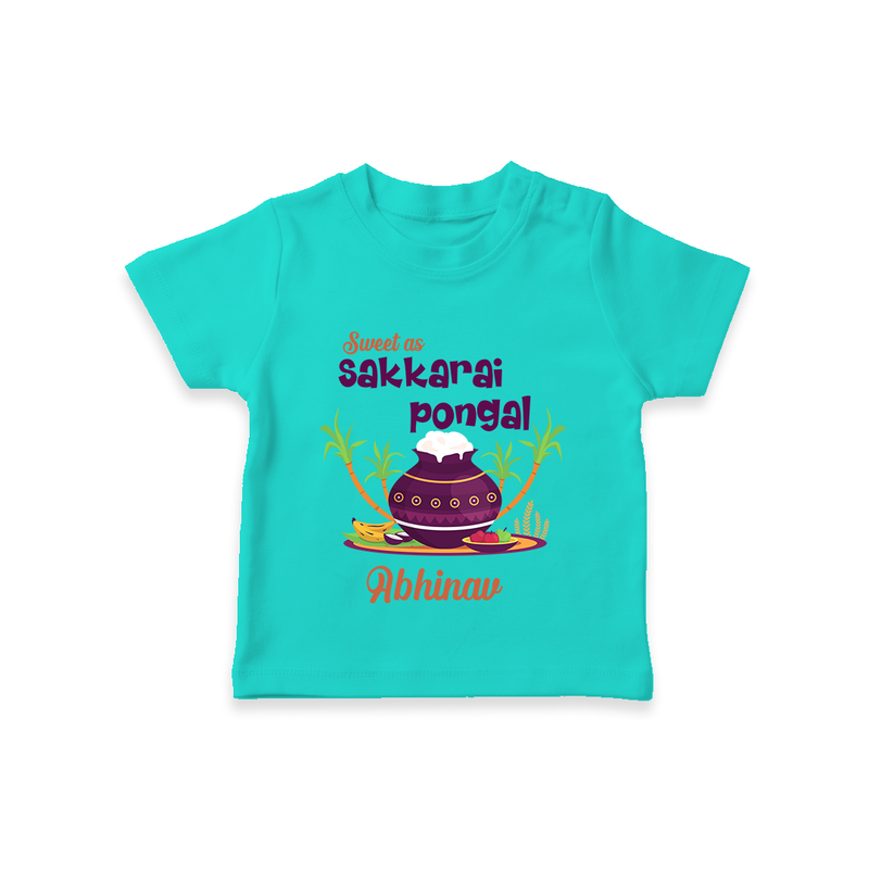 Happy Pongal - Sweet as Sakkarai Pongal  Customized T-Shirt for Kids with Name - TEAL - 0-5 Months Old (Chest 17")