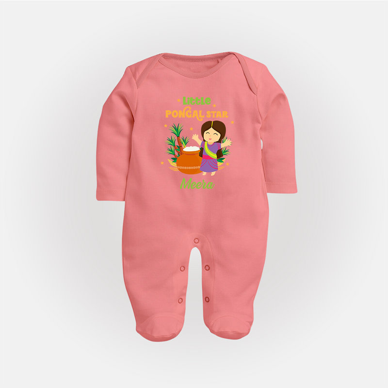 Happy Pongal - Little Pongal Star  Customized Sleep Suit for Babies with Name - PEACH - New Born (Chest 7.5")