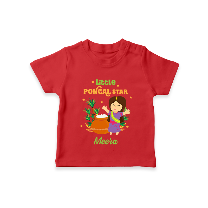 Happy Pongal - Little Pongal Star  Customized T-Shirt for Kids with Name - RED - 0-5 Months Old (Chest 17")