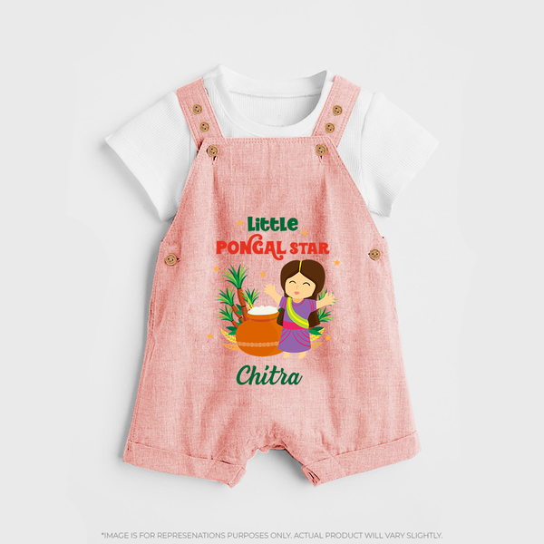 Happy Pongal - Little Pongal Star  Customized Dungaree Set for Kids with Name - PEACH - 0 - 5 Months Old (Chest 18")