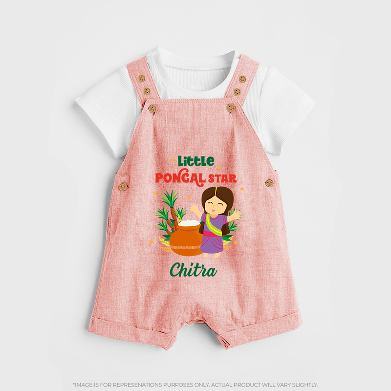 Happy Pongal - Little Pongal Star  Customized Dungaree Set for Kids with Name - PEACH - 0 - 5 Months Old (Chest 18")