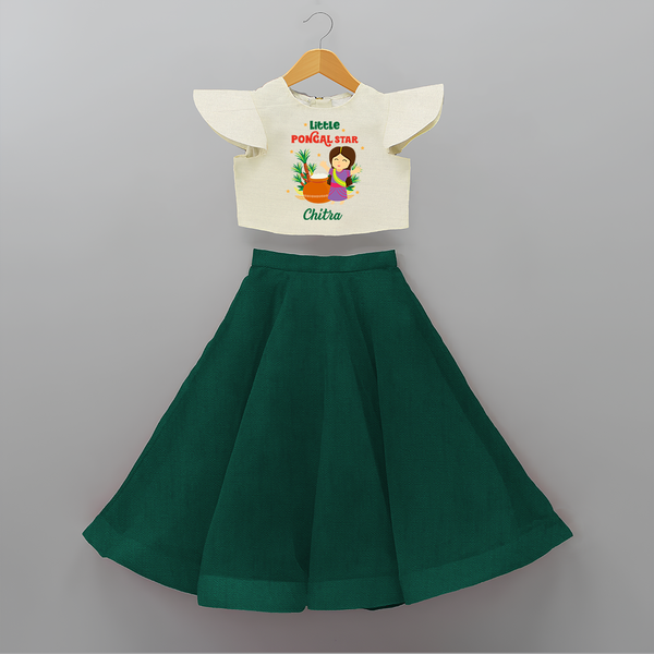 Happy Pongal - Little Pongal Star  Customized Crop Top And Skirt for Kids with Name - BOTTLE GREEN - 6 - 9 Months Old (Chest 20" , Frock Waist 20")