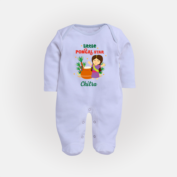 Happy Pongal - Little Pongal Star  Customized Sleep Suit for Babies with Name - BABY BLUE - New Born (Chest 7.5")