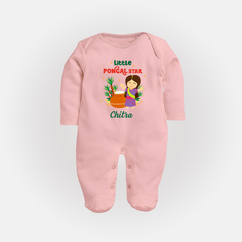 Happy Pongal - Little Pongal Star  Customized Sleep Suit for Babies with Name - BABY PINK - New Born (Chest 7.5")