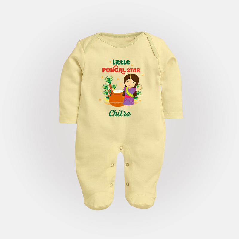 Happy Pongal - Little Pongal Star  Customized Sleep Suit for Babies with Name - PASTEL YELLOW - New Born (Chest 7.5")