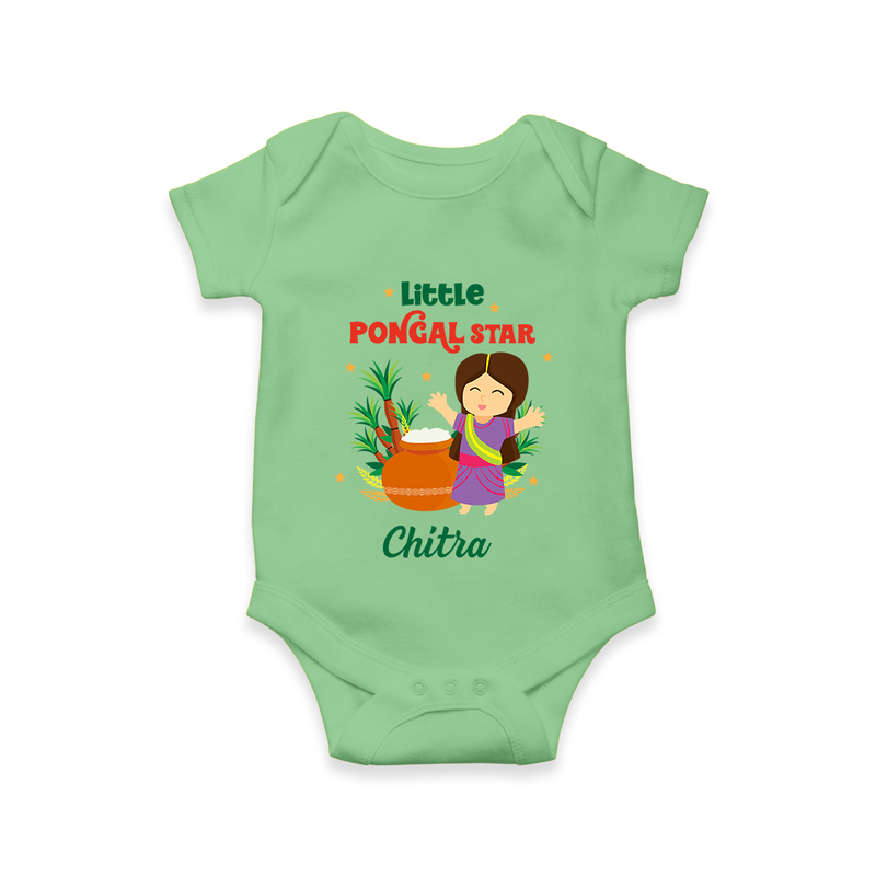 Happy Pongal - Little Pongal Star  Customized Romper for Babies with Name - GREEN - 0 - 3 Months Old (Chest 16")