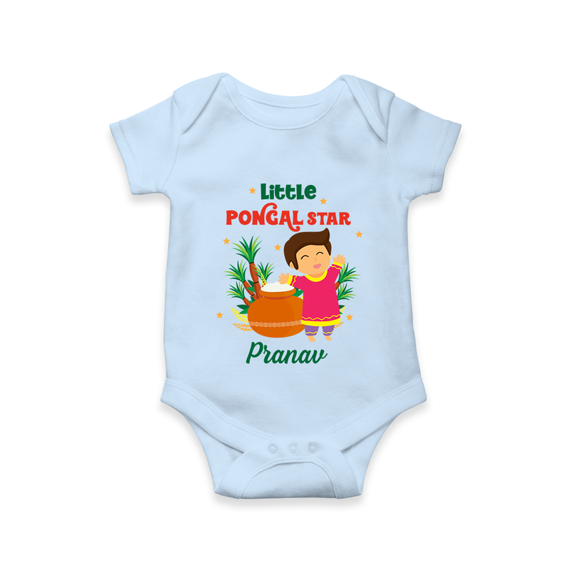 Little Pongal Star  Customized Romper for Babies with Name - BABY BLUE - 0 - 3 Months Old (Chest 16")