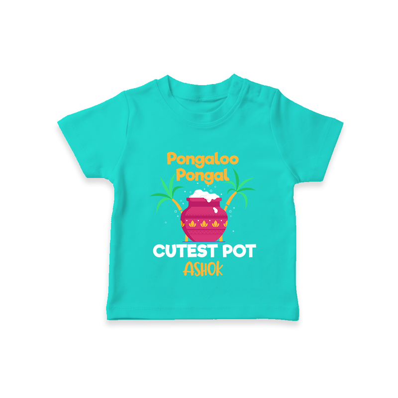 Pongalo Pongal - Customized T-Shirt for Kids with Name - TEAL - 0-5 Months Old (Chest 17")