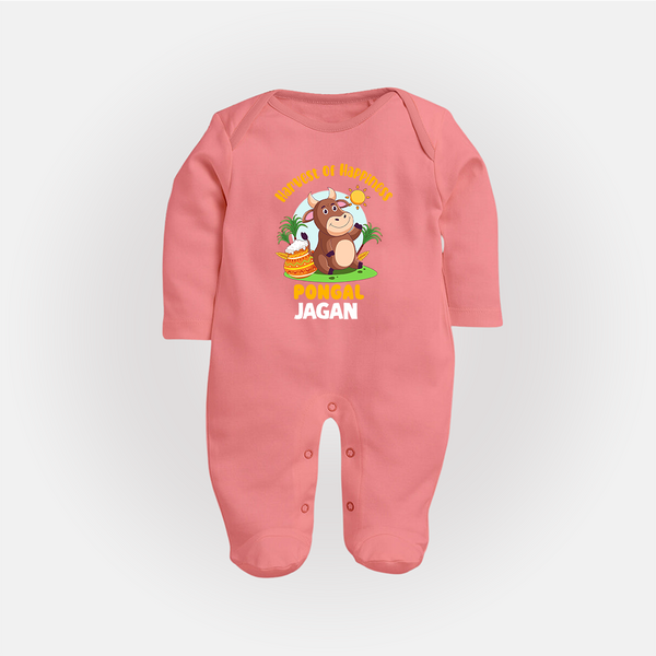 Happy Pongal - Harvest Joy Customized Sleep Suit for Babies with Name - PEACH - New Born (Chest 7.5")