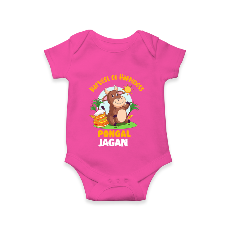 Happy Pongal - Harvest Joy Customized Romper for Babies with Name - HOT PINK - 0 - 3 Months Old (Chest 16")