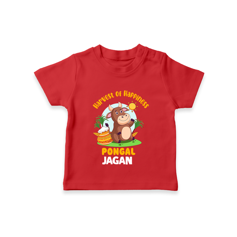 Happy Pongal - Harvest Joy Customized T-Shirt for Kids with Name - RED - 0-5 Months Old (Chest 17")