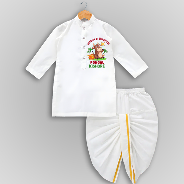 Happy Pongal - Harvest Joy Customized Drapped Dhoti for Kids with Name - WHITE - 0 - 6 Month Old (Chest 24", Kurta Length 14" , Waist 19", Dhoti Length 14")