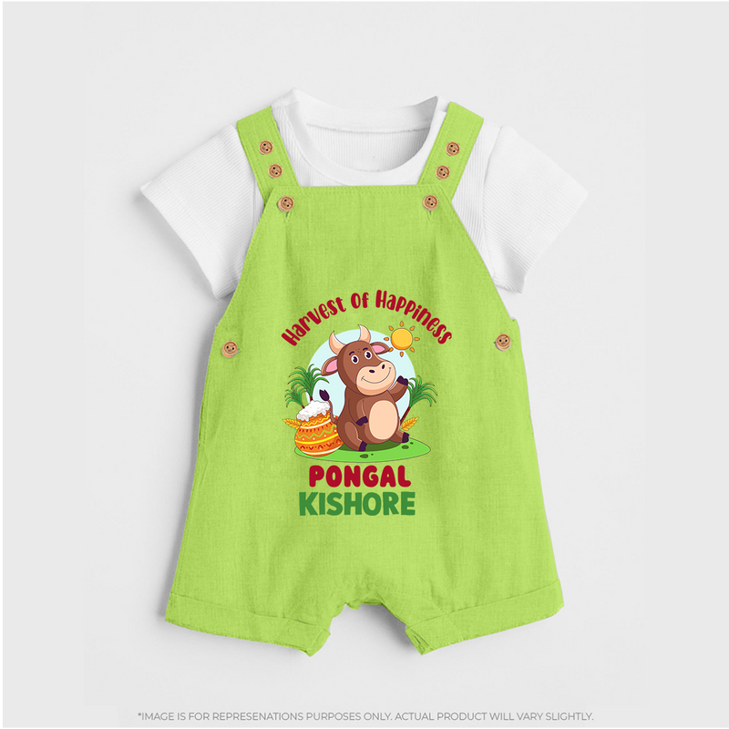 Happy Pongal - Harvest Joy Customized Dungaree Set for Kids with Name - GREEN - 0 - 5 Months Old (Chest 18")