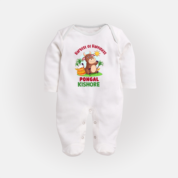 Happy Pongal - Harvest Joy Customized Sleep Suit for Babies with Name - WHITE - New Born (Chest 7.5")