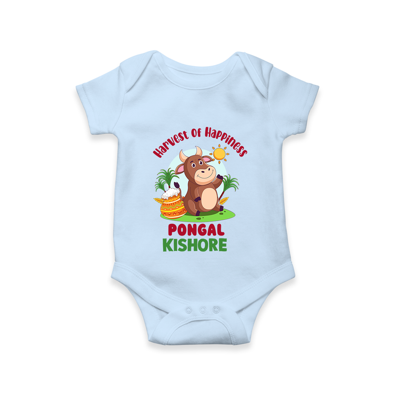 Happy Pongal - Harvest Joy Customized Romper for Babies with Name - BABY BLUE - 0 - 3 Months Old (Chest 16")