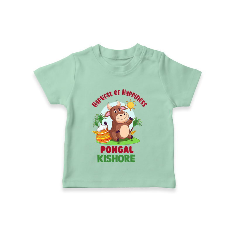 Happy Pongal - Harvest Joy Customized T-Shirt for Kids with Name - MINT GREEN - 0-5 Months Old (Chest 17")