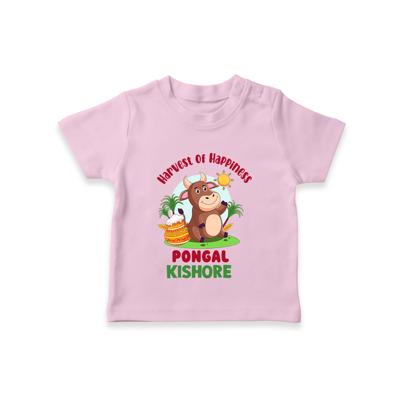 Happy Pongal - Harvest Joy Customized T-Shirt for Kids with Name - PINK - 0-5 Months Old (Chest 17")