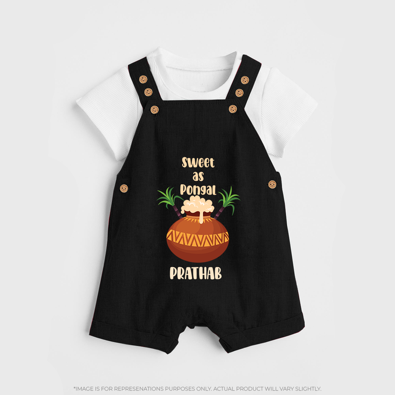 Happy Pongal - Sweet as Pongal Customized Dungaree Set for Kids with Name - BLACK - 0 - 5 Months Old (Chest 18")