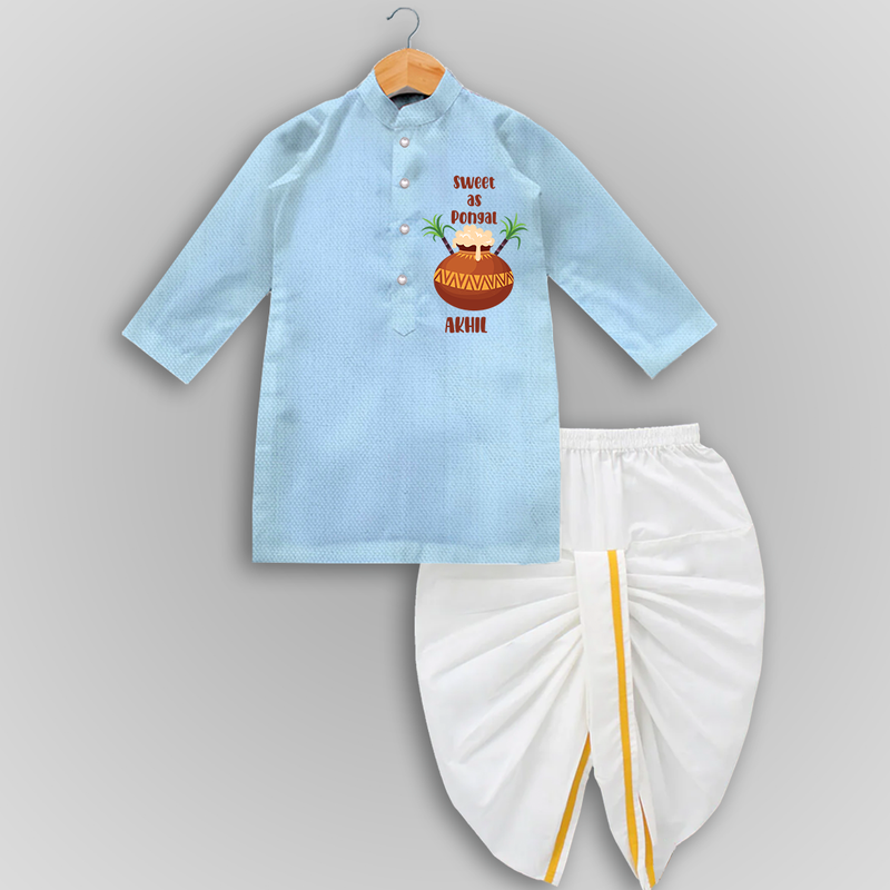 Happy Pongal - Sweet as Pongal Customized Drapped Dhoti for Kids with Name - SKY BLUE - 0 - 6 Month Old (Chest 24", Kurta Length 14" , Waist 19", Dhoti Length 14")