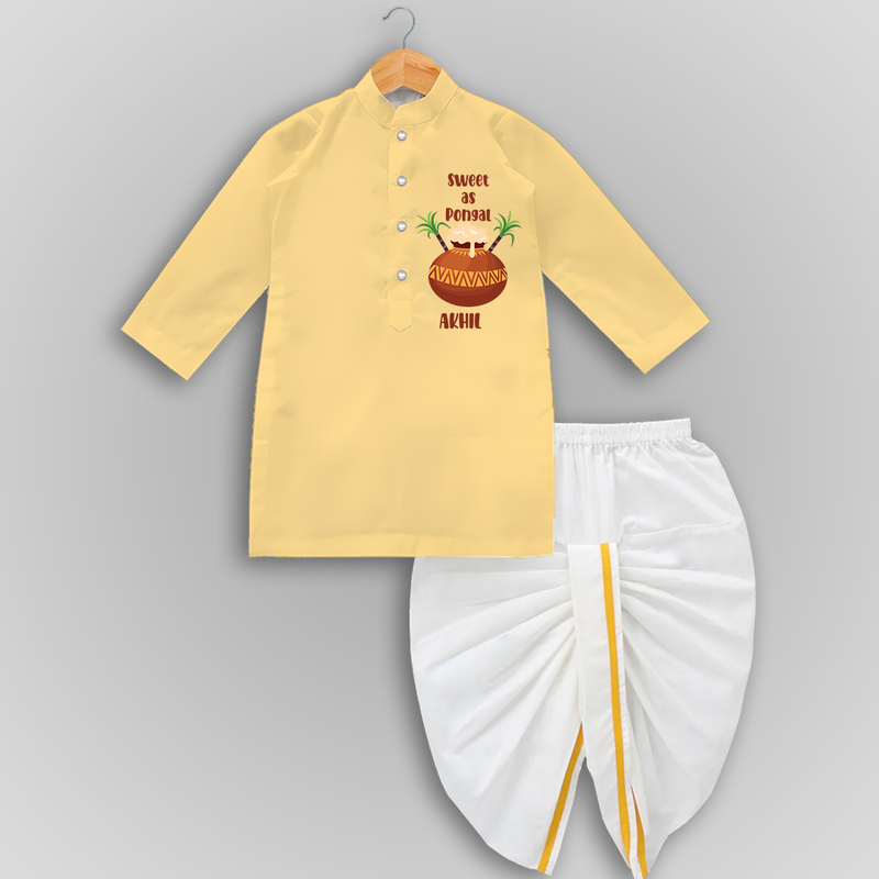 Happy Pongal - Sweet as Pongal Customized Drapped Dhoti for Kids with Name - YELLOW - 0 - 6 Month Old (Chest 24", Kurta Length 14" , Waist 19", Dhoti Length 14")