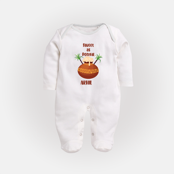 Happy Pongal - Sweet as Pongal Customized Sleep Suit for Babies with Name - WHITE - New Born (Chest 7.5")