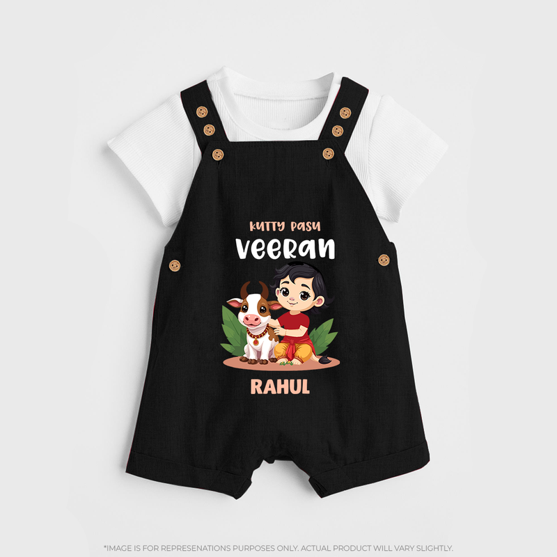 Happy Pongal - Kutty Pasu veeran Customized Dungaree Set for Kids with Name - BLACK - 0 - 5 Months Old (Chest 18")