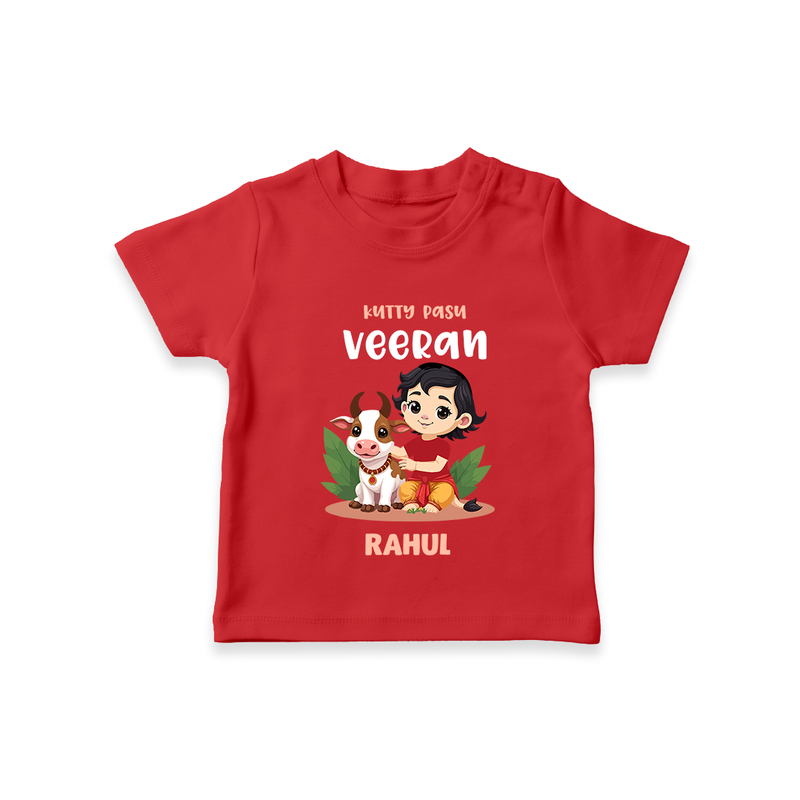 Happy Pongal - Kutty Pasu veeran Customized T-Shirt for Kids with Name - RED - 0-5 Months Old (Chest 17")