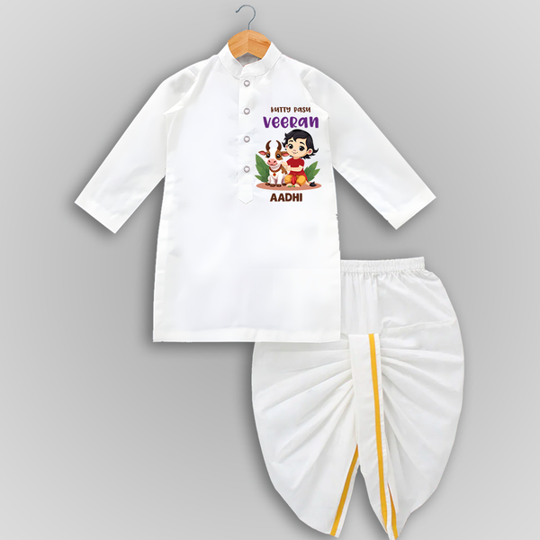 Happy Pongal - Kutty Pasu veeran Customized Drapped Dhoti for Kids with Name - WHITE - 0 - 6 Month Old (Chest 24", Kurta Length 14" , Waist 19", Dhoti Length 14")