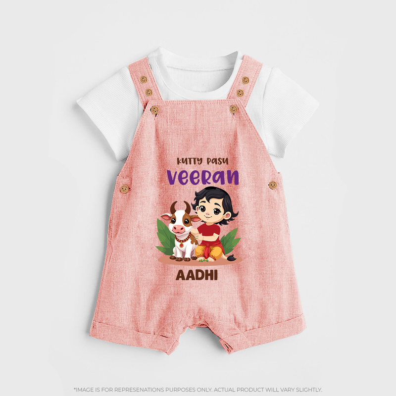 Happy Pongal - Kutty Pasu veeran Customized Dungaree Set for Kids with Name - PEACH - 0 - 5 Months Old (Chest 18")