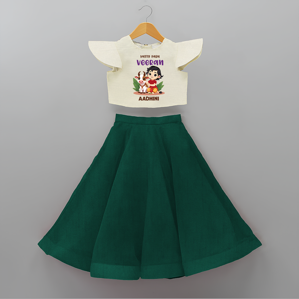 Happy Pongal - Kutty Pasu veeran Customized Crop Top And Skirt for Kids with Name - BOTTLE GREEN - 6 - 9 Months Old (Chest 20" , Frock Waist 20")