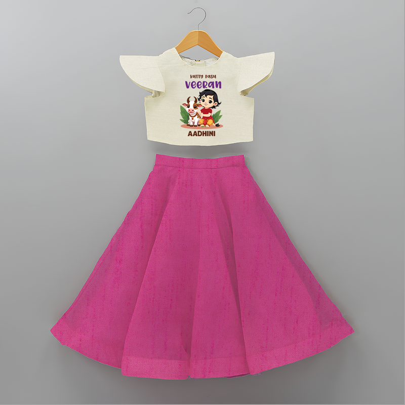 Happy Pongal - Kutty Pasu veeran Customized Crop Top And Skirt for Kids with Name - FUSCHIA - 6 - 9 Months Old (Chest 20" , Frock Waist 20")