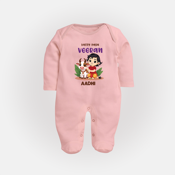 Happy Pongal - Kutty Pasu veeran Customized Sleep Suit for Babies with Name - BABY PINK - New Born (Chest 7.5")