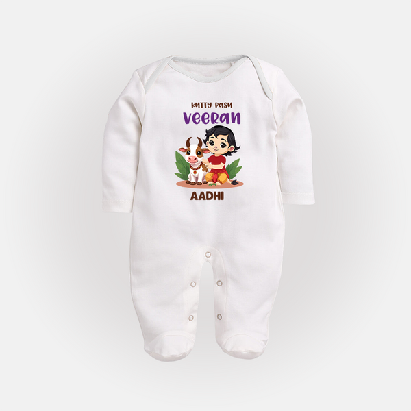 Happy Pongal - Kutty Pasu veeran Customized Sleep Suit for Babies with Name - WHITE - New Born (Chest 7.5")