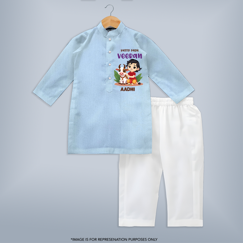 Happy Pongal - Kutty Pasu veeran Customized Kurta Set for Kids with Name - SKY BLUE - 3 - 6 Months Old (Chest 24", Kurta Length 14'', Waist 19", Pant Length 14")