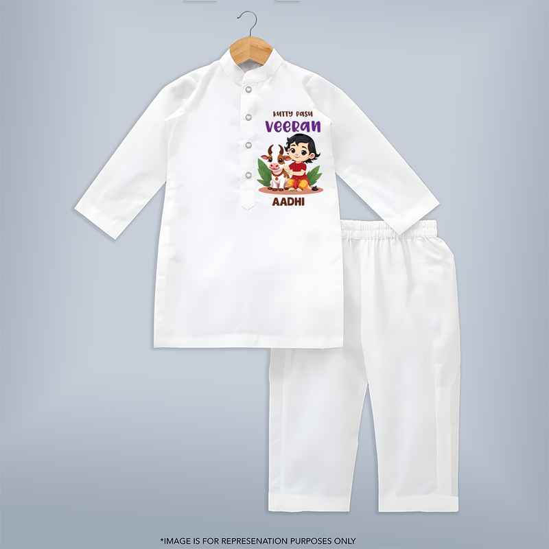 Happy Pongal - Kutty Pasu veeran Customized Kurta Set for Kids with Name - WHITE - 3 - 6 Months Old (Chest 24", Kurta Length 14'', Waist 19", Pant Length 14")