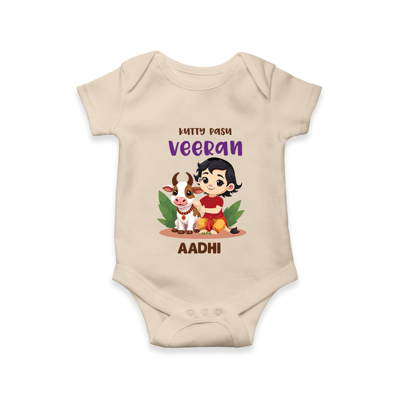 Happy Pongal - Kutty Pasu veeran Customized Romper for Babies with Name - IVORY - 0 - 3 Months Old (Chest 16")