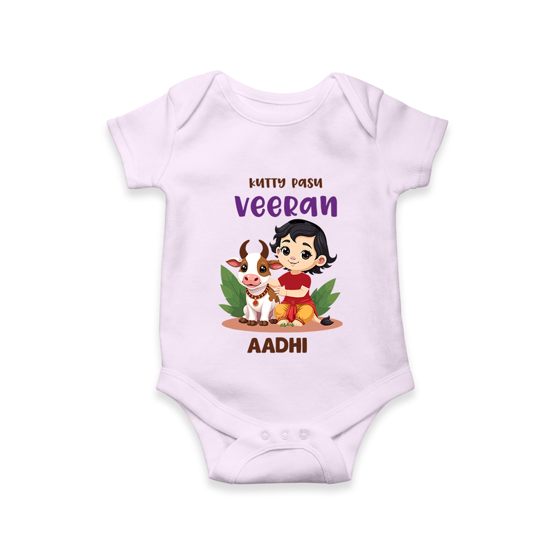 Happy Pongal - Kutty Pasu veeran Customized Romper for Babies with Name - LILAC - 0 - 3 Months Old (Chest 16")