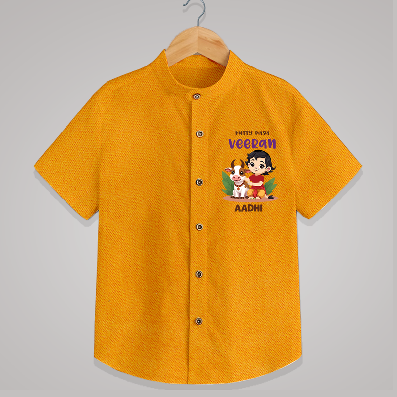 Happy Pongal - Kutty Pasu veeran Customized Shirt for Kids with Name - CHROME YELLOW - 0 - 6 Months Old (Chest 23")